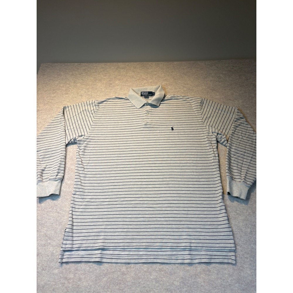 Polo Ralph Lauren Mens XL Long Sleeve Striped Polo Shirt Gray Navy Blue Cotton